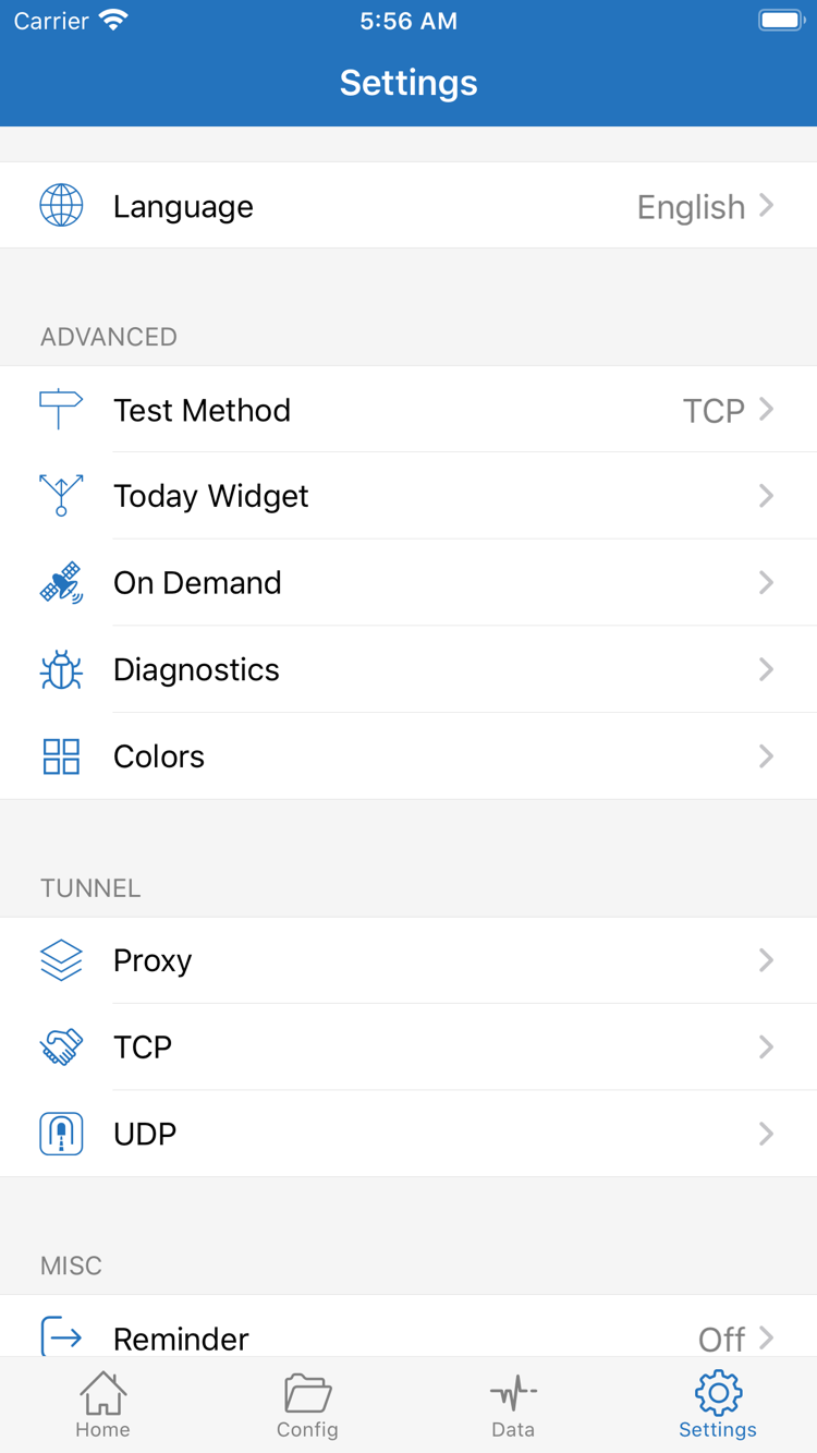 Shadowrocket Settings 화면: Language, Test Method, On Demand, Diagnostics, Proxy, TCP 및 UDP 옵션