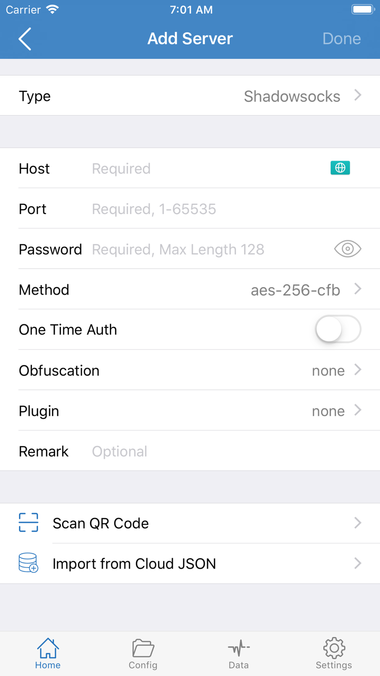 Shadowrocket Add Server 화면: Type, Host, Port, Password, Method 및 가져오기 메뉴