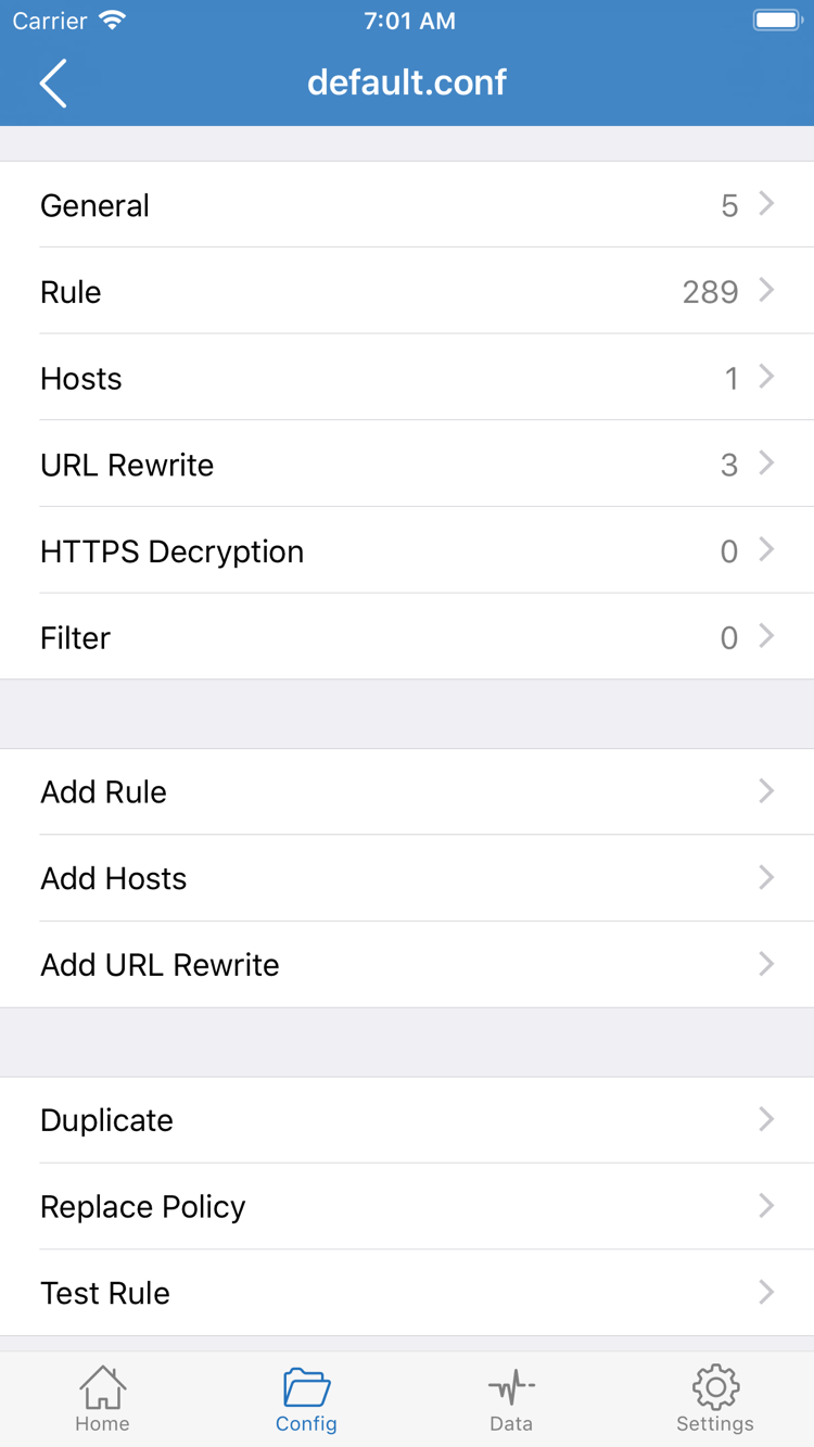 Shadowrocket Config 설정 편집 화면: General, Rule, Hosts, URL Rewrite, HTTPS Decryption 및 Add Rule 표시